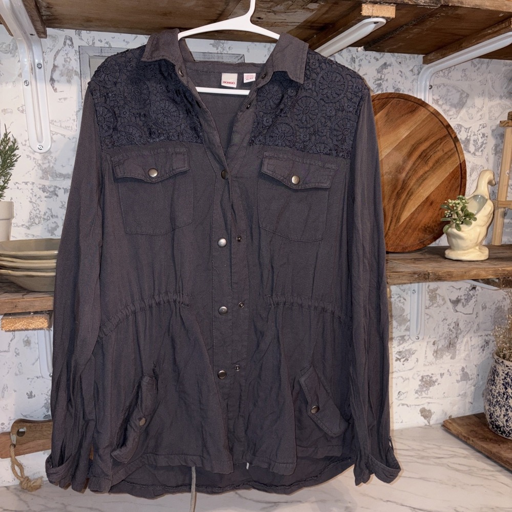 Y2K Bongo Women's XL Lace Bohemian Shoulder Utilitarian Snap Shirt Jacket
